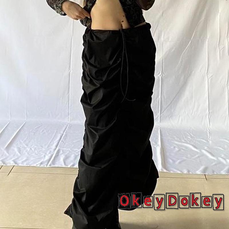 Chân Váy Dài Lưng Cao Co Giãn Màu Trơn Phối Dây Rút Y2K Dễ Điều Chỉnh Cho Nữ