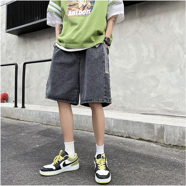 Quần short jean ống rộng nam nữ unisex lưng chun màu xanh xám khuy bấm đẹp 653 Pon.mens