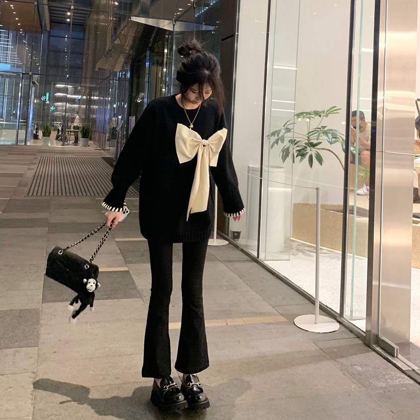 Áo len dáng rộng/ đầm dệt kim đính nơ kiểu Hàn Quốc dễ thương