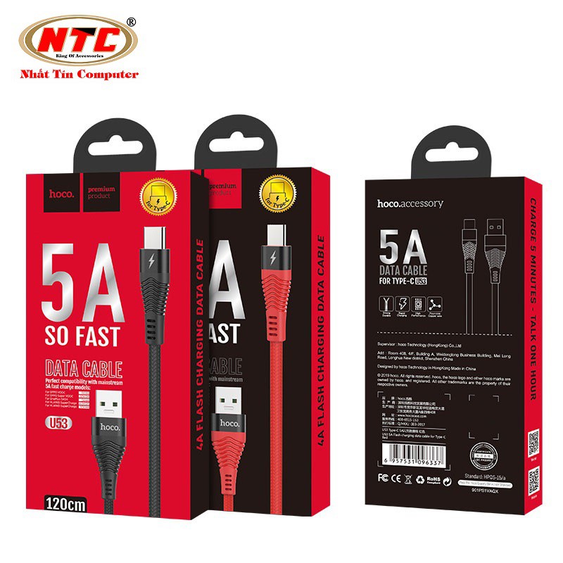 Cáp sạc cường độ cao Hoco U53 cổng TypeC 1.2M hỗ trợ điện áp tối đa 5A - Hàng chính hãng