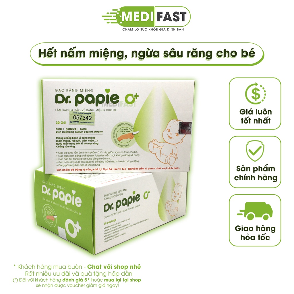 Gạc răng miệng Dr Papie - Khăn lau răng, rơ lưỡi và vệ sinh răng miệng, nướu, tưa lưỡi cho bé từ sơ sinh