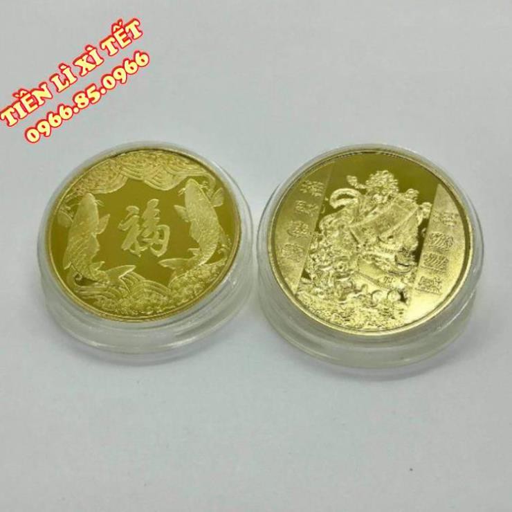 [PHONG THỦY MAY MẮN] Xu Hình Thần Tài Mạ Vàng Kèm Túi Gấm Đỏ Tài Lộc. SỈ LẺ GIÁ CỰC TỐT