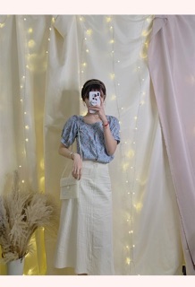SET SƠ MI HOA XANH PHỐI CHÂN VÁY MIDI