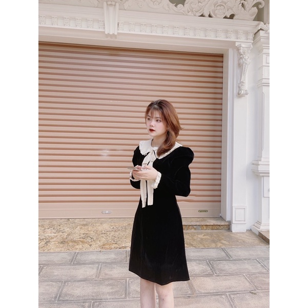 Váy nhung pha bèo cổ nơ đính ngọc