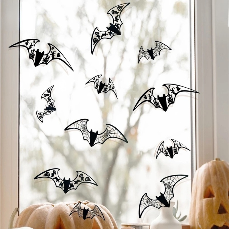 Set 12 Miếng Dán Tường / Cửa Sổ DIY Hình Dơi 3D Màu Đen Có Thể Tháo Gỡ Trang Trí Lễ Hội Halloween