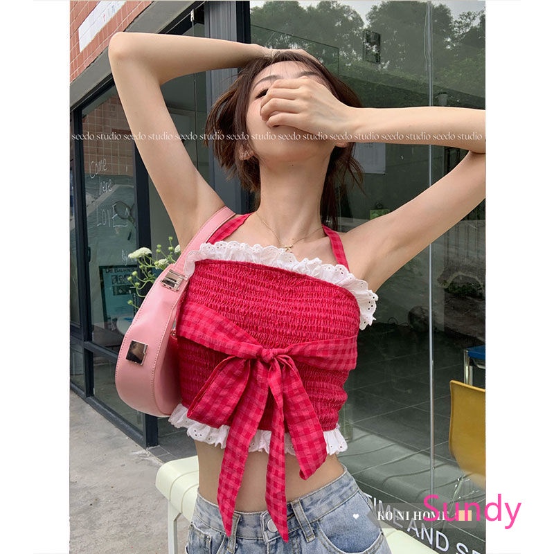 Áo Croptop Hai Dây Phối Ren Thắt Nơ Ngọt Ngào Thời Trang Mùa Hè Cho Nữ
