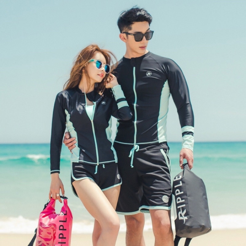Bộ đồ bơi đôi nam nữ dài tay mã L89 L91 đi biển 2022 màu đen phối xanh mint