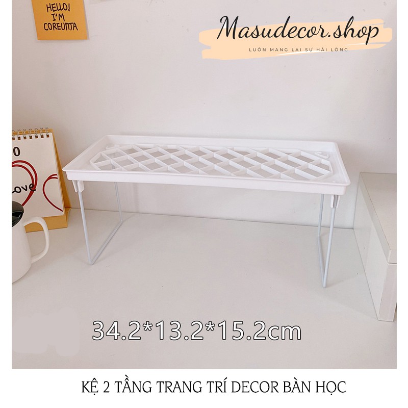 Kệ 2 tầng trang trí , kệ decor bàn học bằng nhựa màu trắng, xếp gọn được