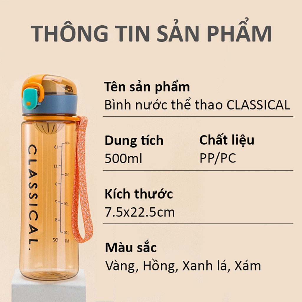 Bình nước thể thao, tập gym cao cấp 500ml bằng nhựa PP an toàn có quai xách tiện lợi 4 màu unisex