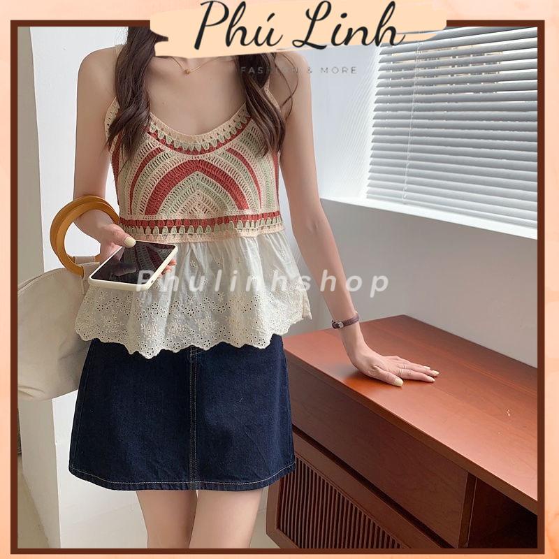 MS605 Áo hai dây kiểu đan móc babydoll cầu vồng