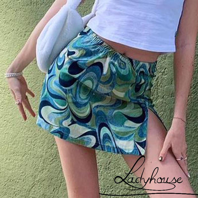 Chân Váy Ngắn Lưng Cao Xẻ Tà In Họa Tiết Trừu Tượng Thời Trang Cho Nữ