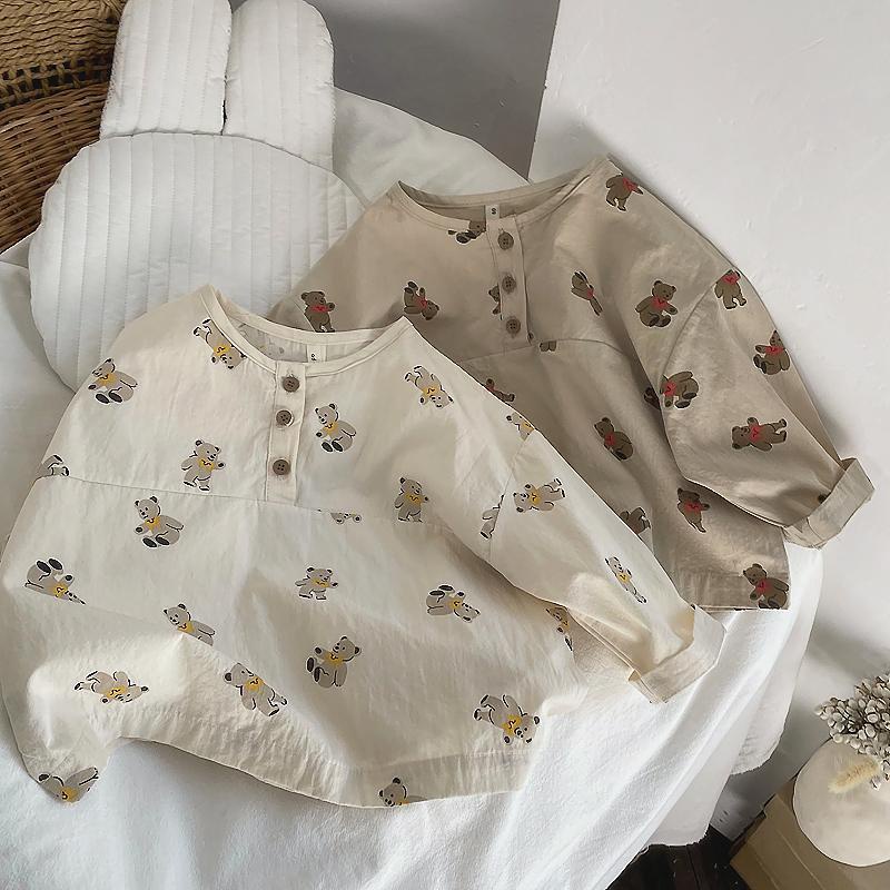 Áo Sơ Mi Cotton Lanh Tay Dài In Họa Tiết Gấu Hoạt Hình Phong Cách Hàn Quốc Cho Bé Trai Và Gái