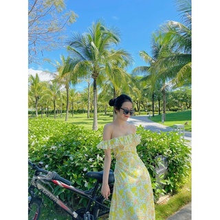 Váy maxi vàng hoa nhí trễ vai bèo phồng