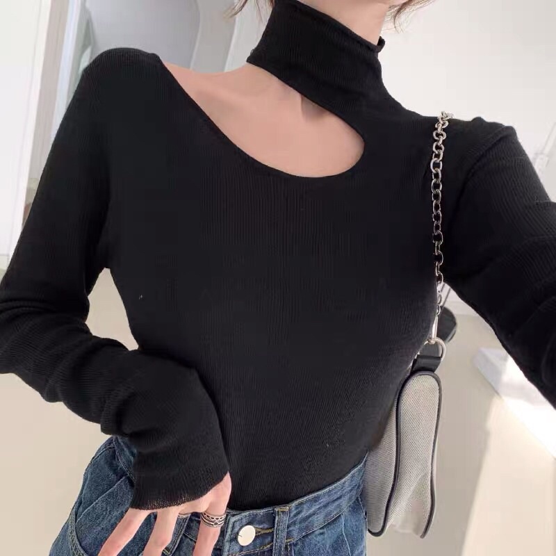 Áo kiểu thun croptop tay dài cổ lọ xéo hở vai