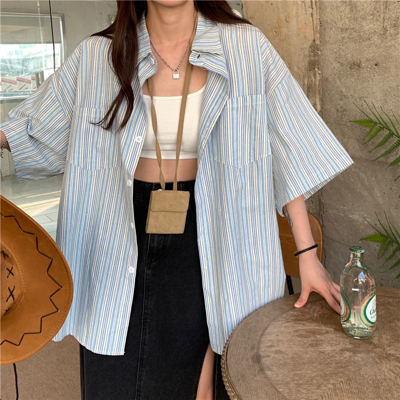 Áo Sơ Mi Tay Ngắn Họa Tiết Sọc Thời Trang Phong Cách vintage Cho Nữ