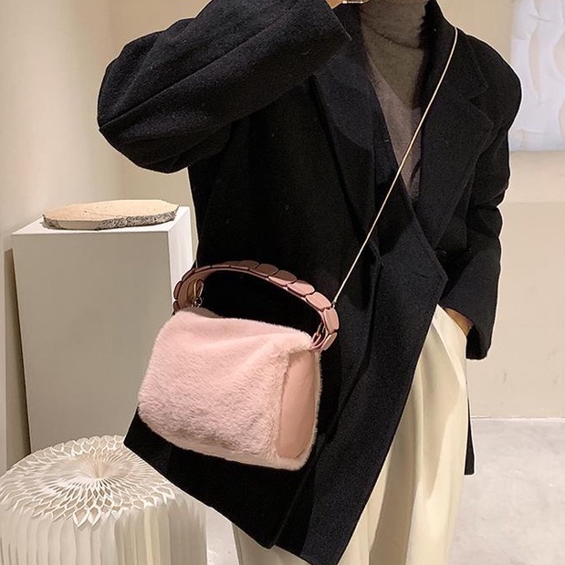 Túi đeo vai cỡ nhỏ phối lông thiết kế sang trọng thời trang cho nữ 77