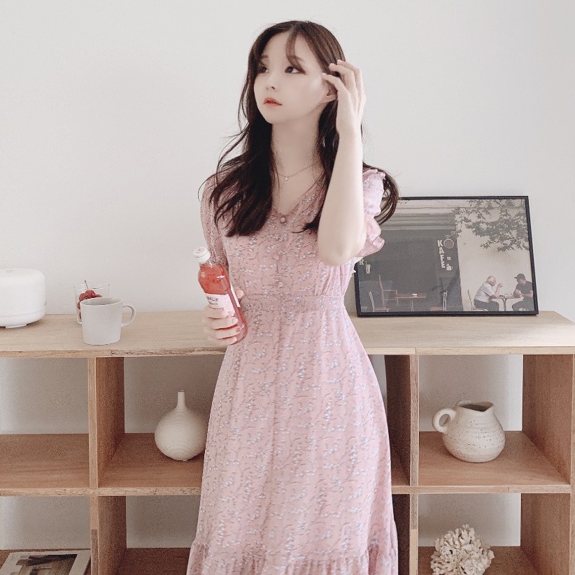 Đầm Tay Ngắn Cổ Chữ V In Hoa Phong Cách Hàn Quốc 43824