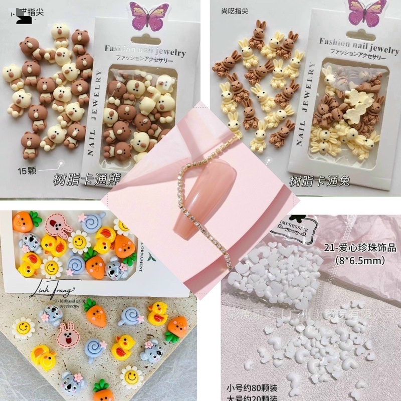 Set charm mix gấu, thỏ, nơ, trái tim phụ kiện nail đính móng, trang trí móng tay cao cấp