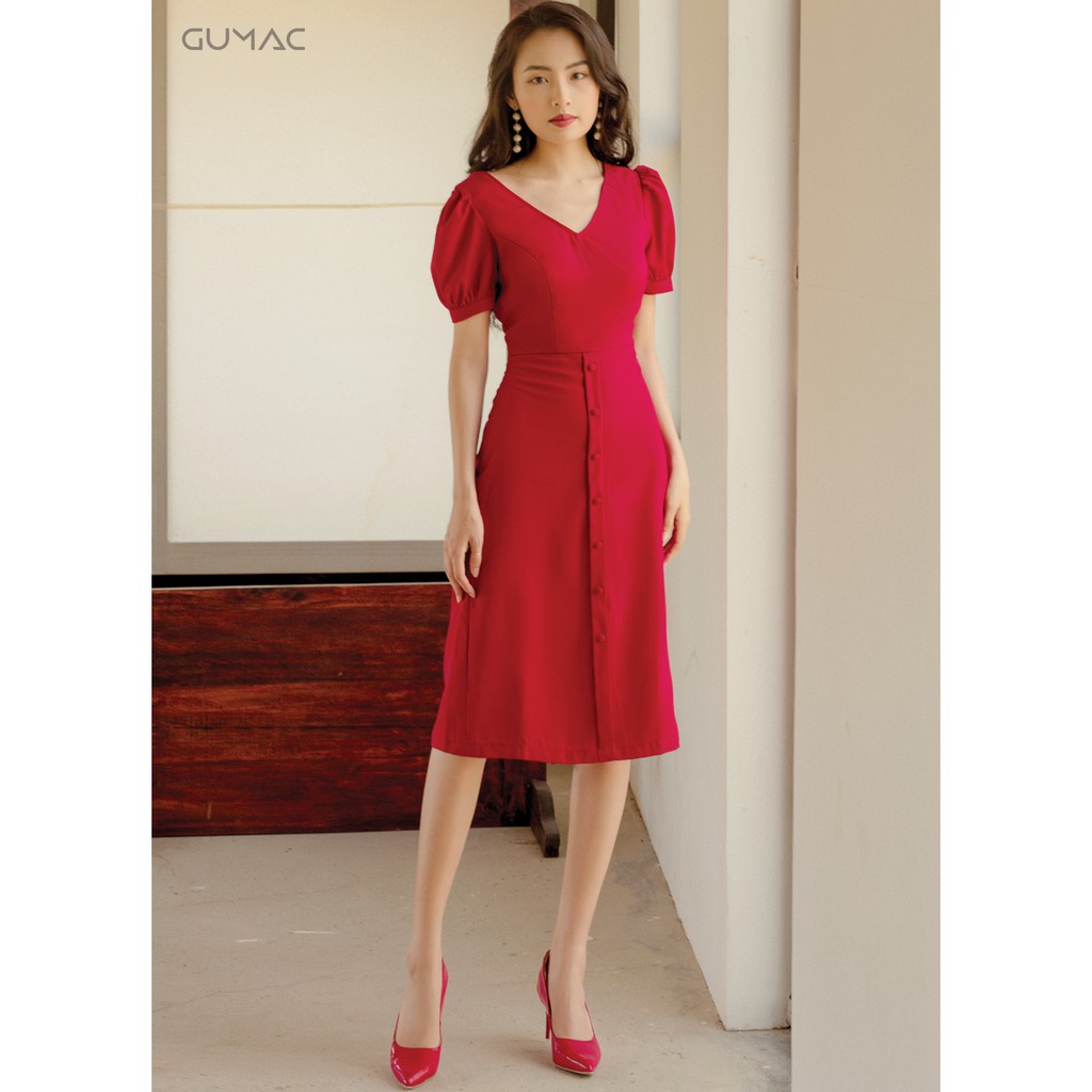 Đầm cổ V tay phồng GUMAC MS08924_DO