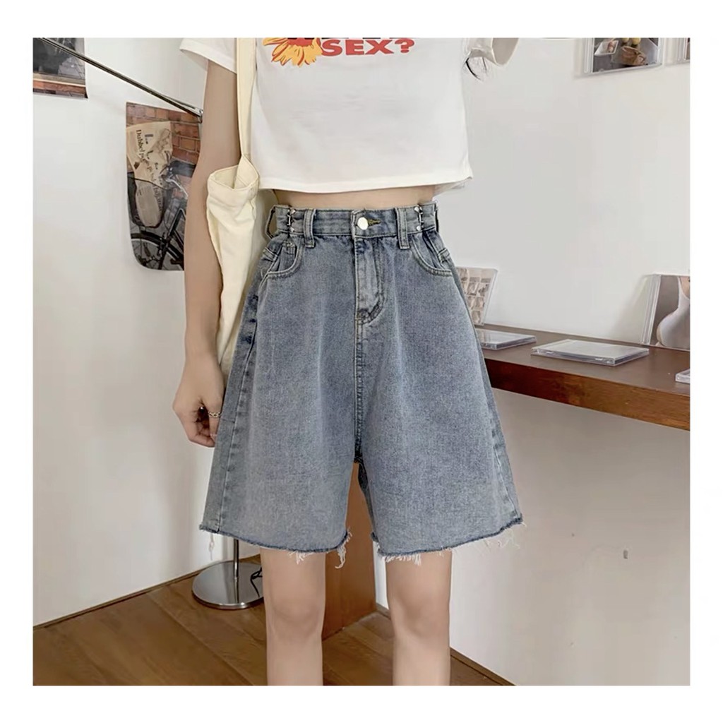 Quần Short Jean Cạp Móc PEONYB Nữ [FREESHIP] 🌸 Shorts bò suông ống rộng, sooc đùi rách gối màu XANH | ĐEN Ulzzang 🌸