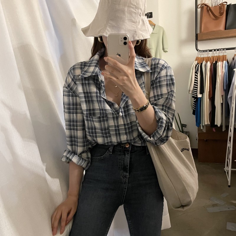 Áo sơ mi tay dài họa tiết sọc caro phong cách retro Hàn Quốc cao cấp