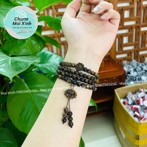 Chuỗi Trầm Hương Sánh chìm 108 hạt phối charm Hoa Sen và Búp Sen Sánh - Vòng Tay Gỗ tự nhiên Nữ phong thuỷ