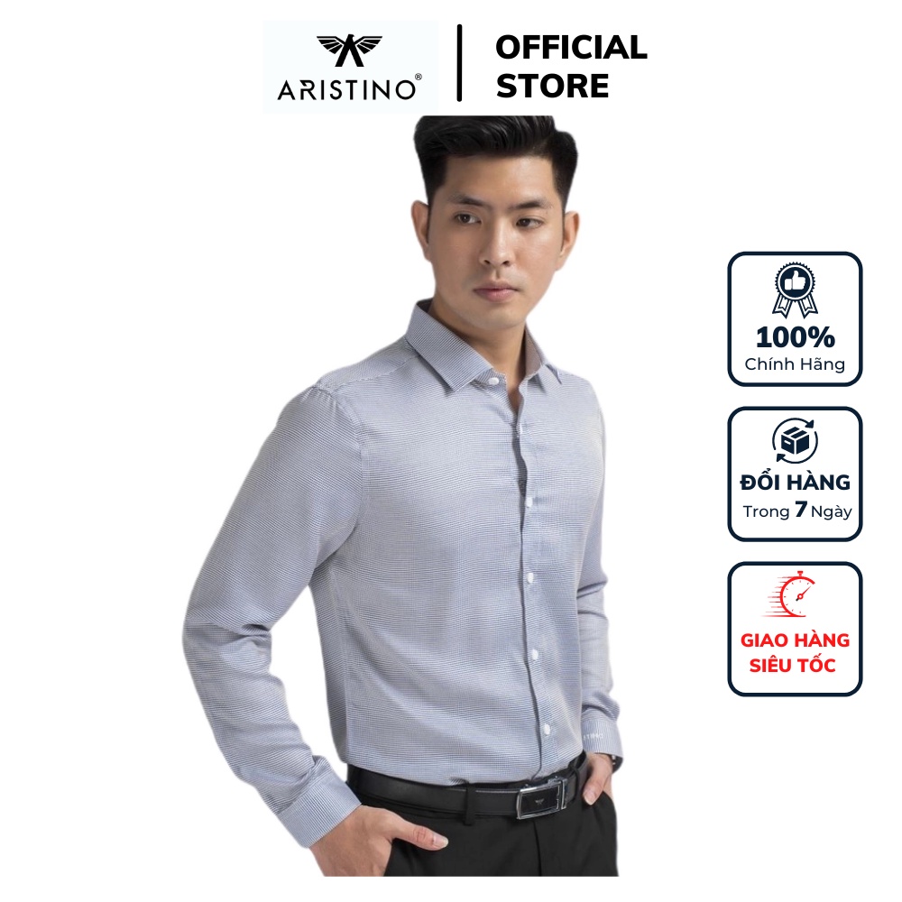 Áo sơ mi nam dài tay ARISTINO ALS00108 somi công sở vải tencel cao cấp màu xanh caro nhỏ dáng suông tà lượn không túi