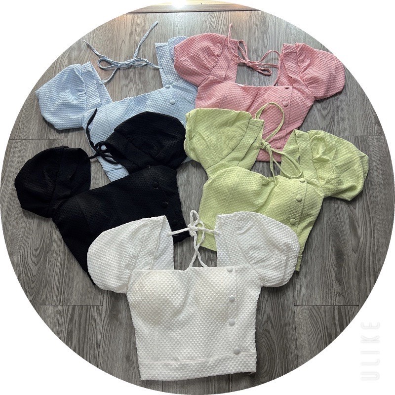 Áo croptop thun xốp cổ vuông tay phồng ngắn 5 màu xinh xắn, dễ thương
