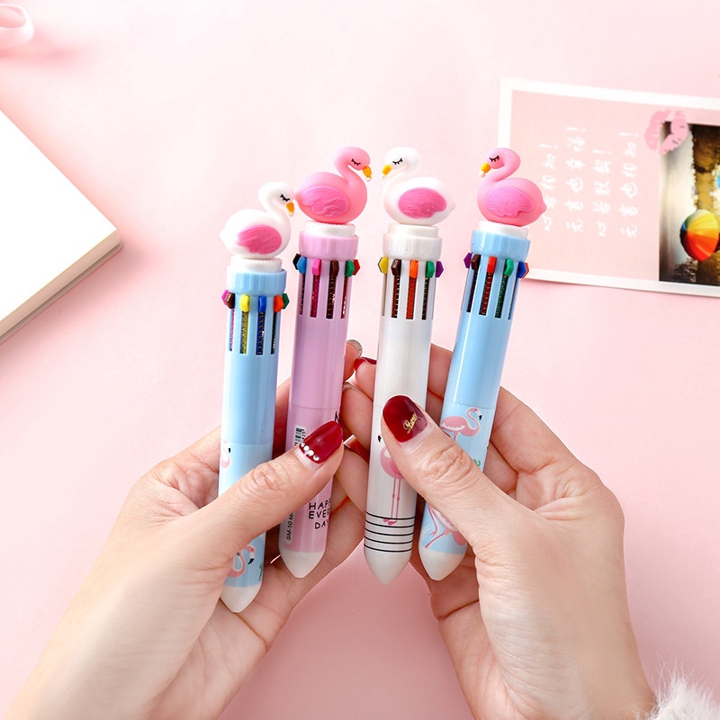 Bút Bi 10 Màu Họa Tiết Hoạt Hình Dễ Thương Có Thể Thu Gọn Tiện Dụng Cho Trường Học