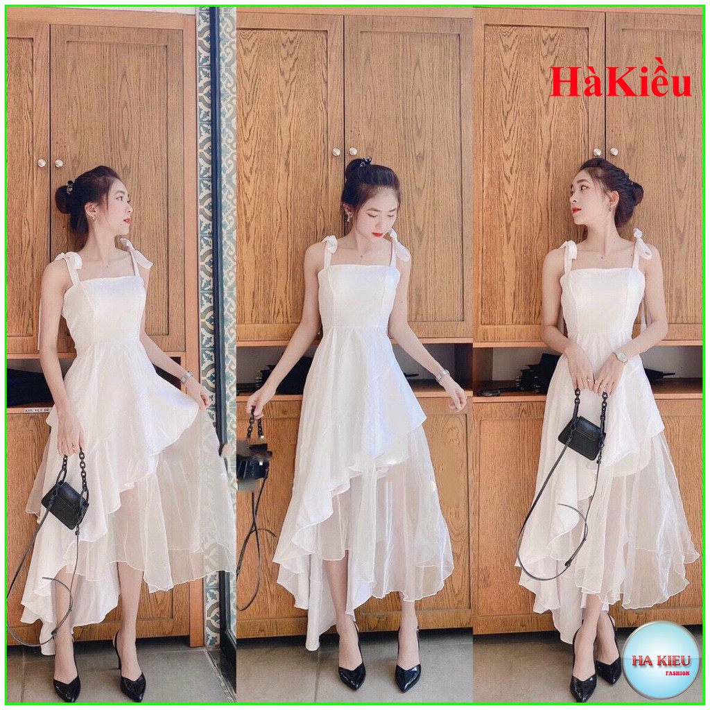 Đầm váy nữ màu trắng dáng xòe cột nơ vai lệch tà phong cách thời trang Hà Kiều thiết kế đẹp