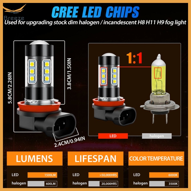 Bộ 2 Đèn Pha Led H11 H8 80w Cree 16smd Chất Lượng Cao Cho Xe Hơi