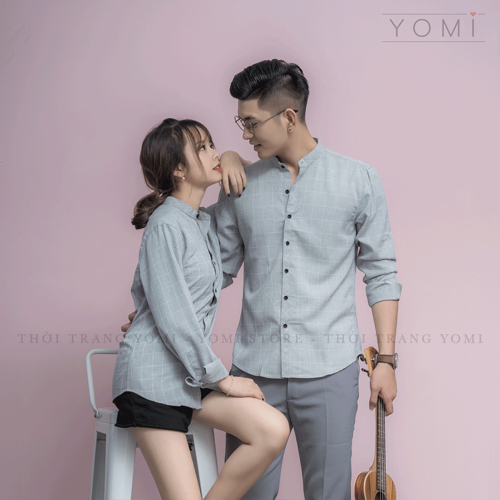 Áo đôi, áo cặp, áo sơmi đôi kẻ màu ghi nhạt cho các cặp đôi