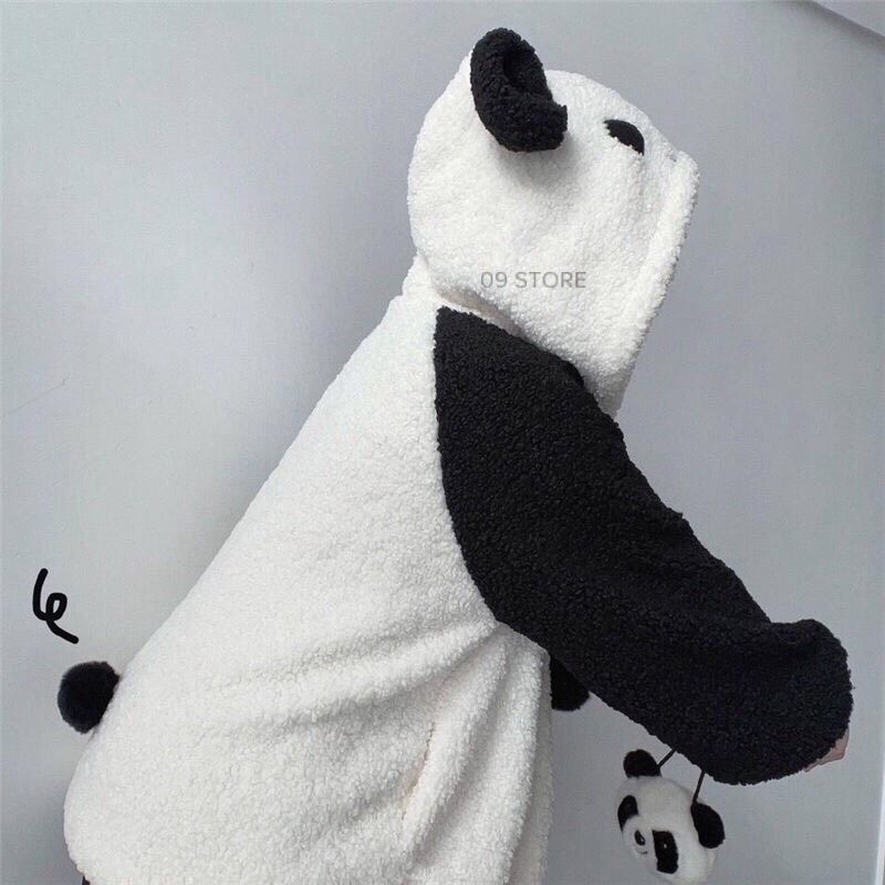 Áo khoác lông cừu mũ gấu trúc, áo lông mũ panda phong cách loli