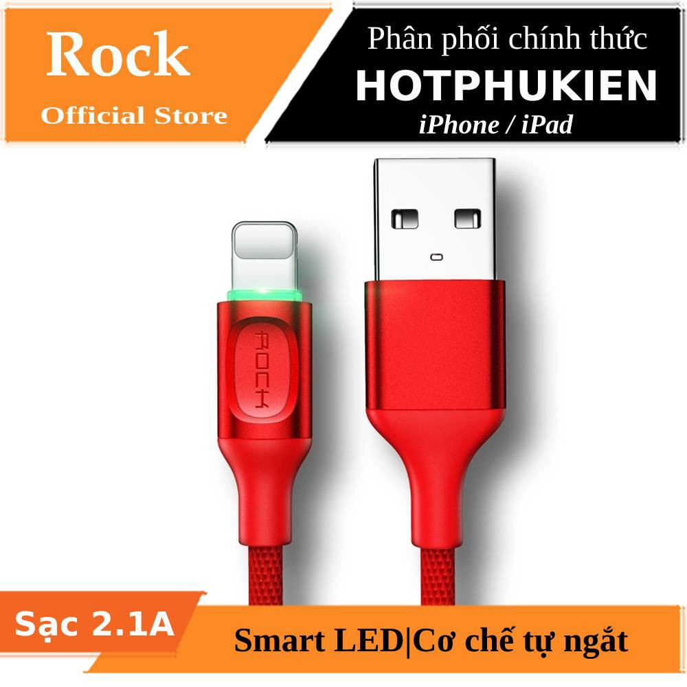 Dây cáp sạc nhanh tự ngắt Lightning hiệu ROCK Lightning Metal Smart LED, chuẩn 2.1A - Hàng chính hãng