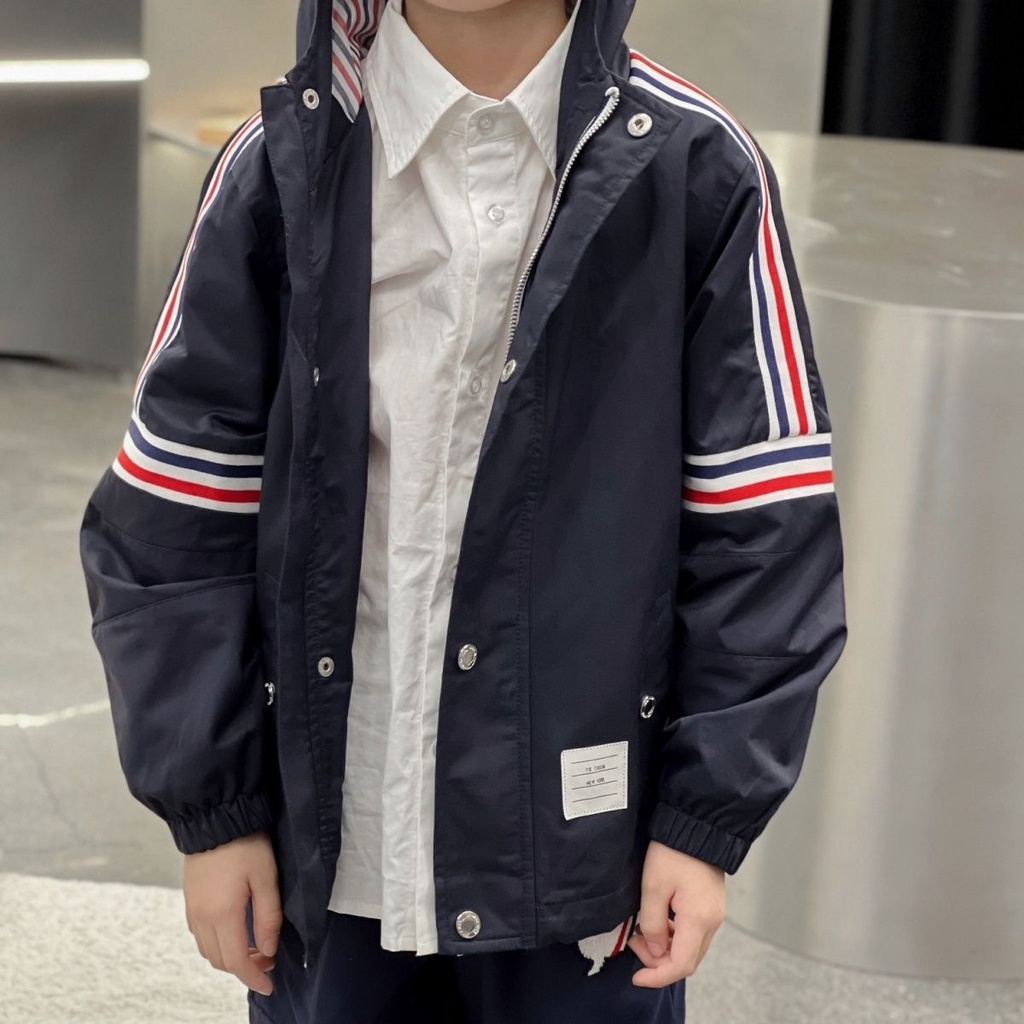 MSMY Thom Browne middle and large Children Fall/Winter 2022 new four-bar ring arm three-color ribbon fashion jacket college style