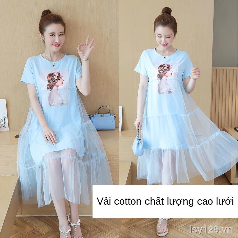 ℗☃Váy bầu tây, đầm mùa hè, gạc cotton lưới, đỏ bầu, cổ tròn, tay ngắn, bà đầm, dài