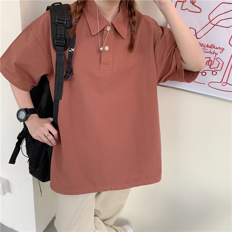 Áo Sơ Mi Cổ POLO Dáng Rộng Màu Sắc Đơn Giản Thời Trang Mùa Hè Dành Cho Nữ