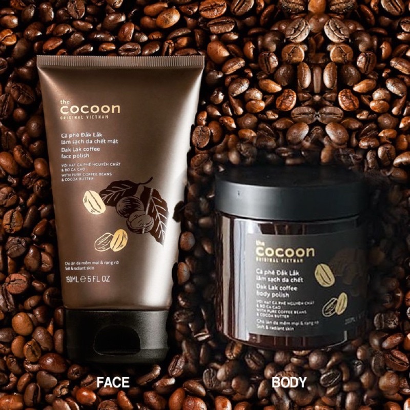 Bộ Tẩy da chết Cafe dak lak Cocoon: tẩy da chết mặt face cocoon cà phê đắk lắk 150ml và body toàn thân 200ml cocoon cafe