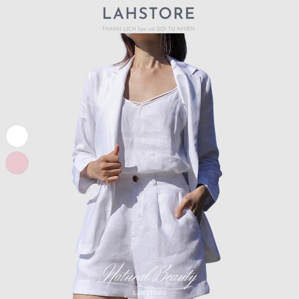 Áo blazer nữ LAHSTORE vải linen Hàn 1 lớp, cổ ve vuông, túi bổ nắp, 2 cúc (Trắng)