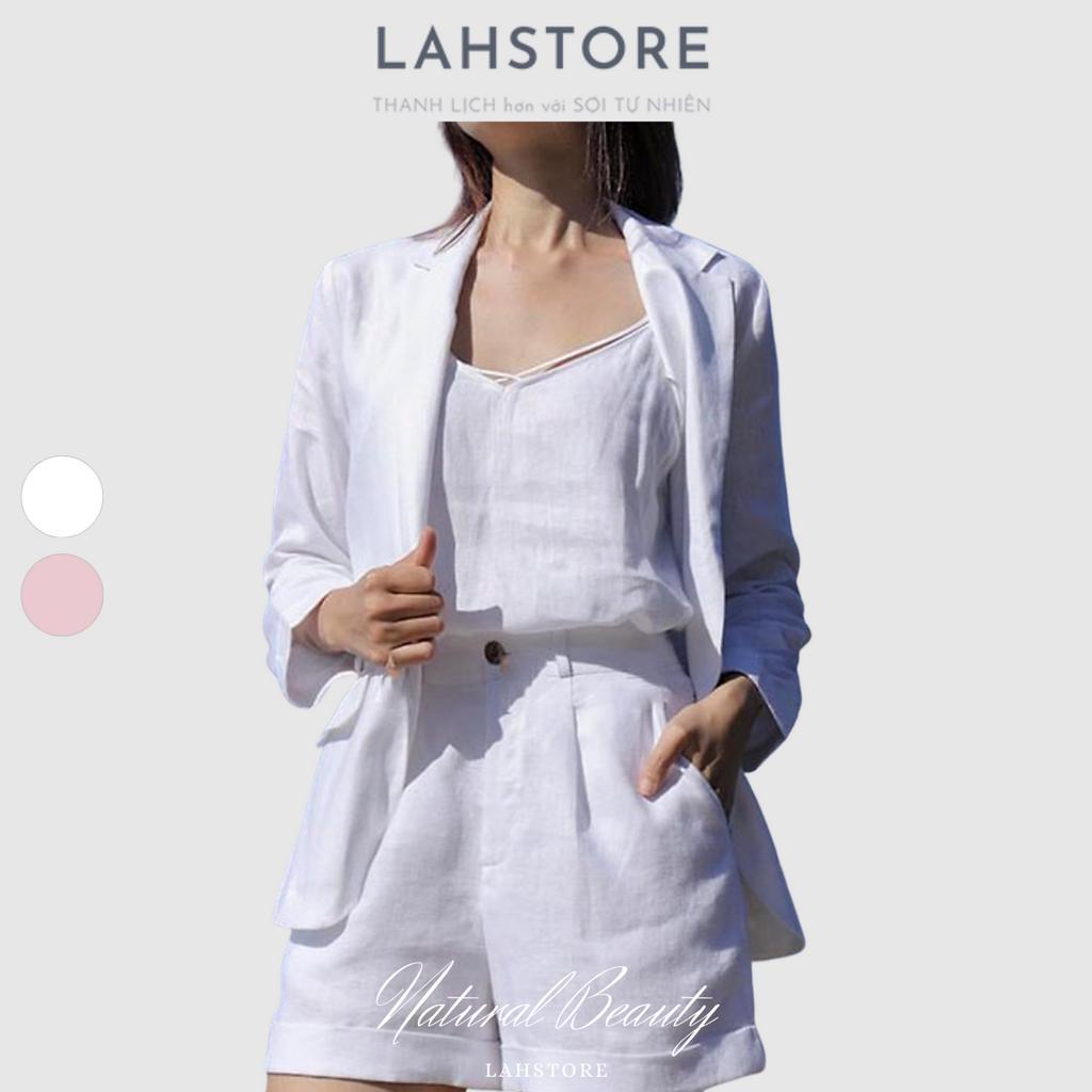 Áo khoác blazer nữ LAHSTORE vải linen Hàn 1 lớp dày dặn, cổ ve vuông, túi bổ nắp, 2 cúc (Trắng)