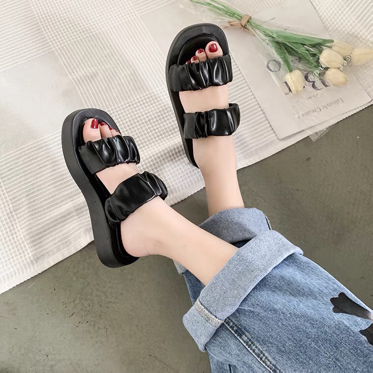 Dép quai ngang nữ , dép lê nữ đế xuồng bánh mì độn siêu nhẹ, quai nhún phồng thiết kế trẻ trung phong cách ulzzang