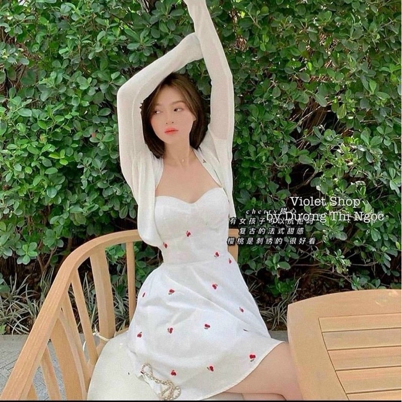 Sét đầm hai dây Cherry phối áo khoác thun gân xinh xắn dạo phố, đi biển