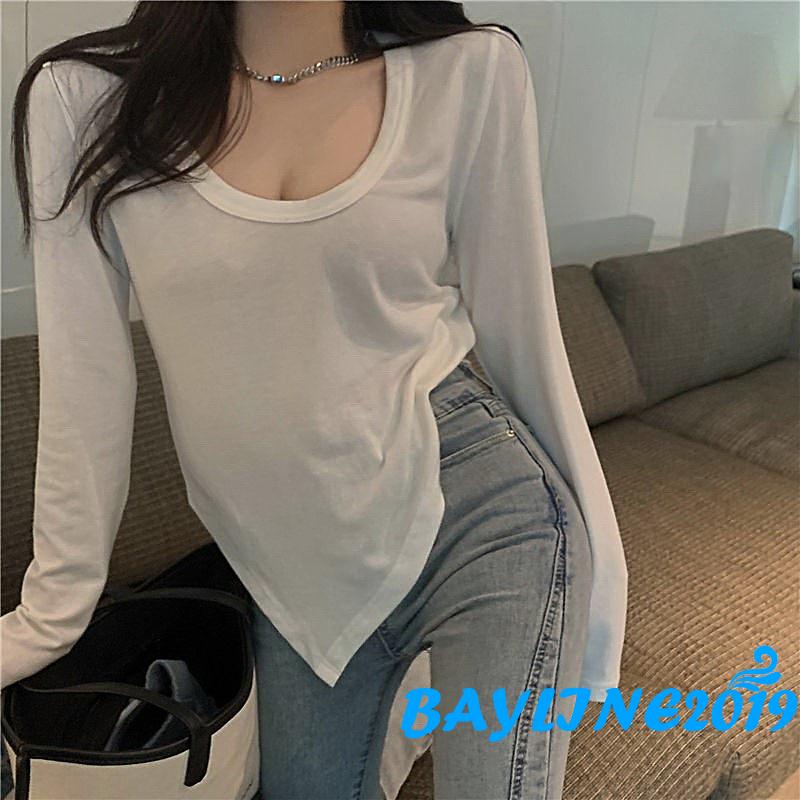 Áo thun dành cho nữ tay dài cổ tròn màu sắc thời trang quyến rũ