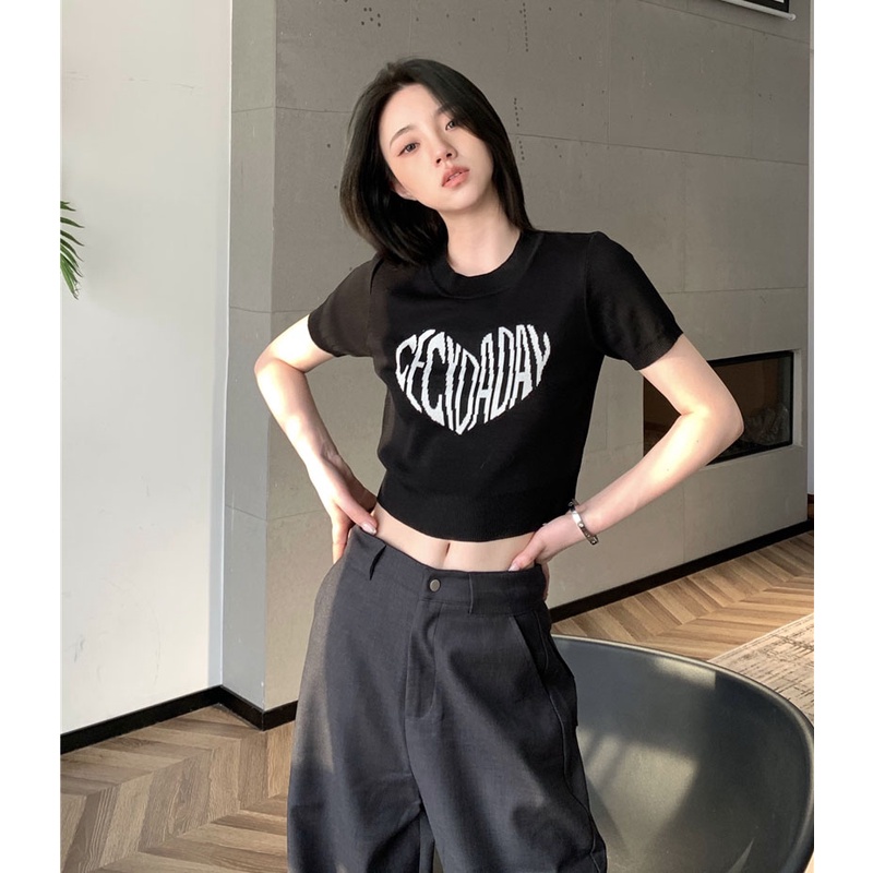 QKOOLE Áo thun len tay ngắn cổ tròn đơn giản dành cho nữ