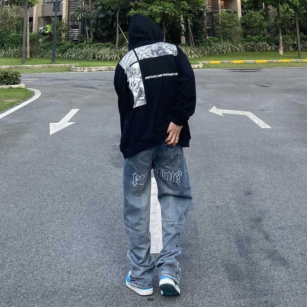 Quần Jeans ống rộng xẻ tà thêu họa tiết phong cách hip hop cho nam