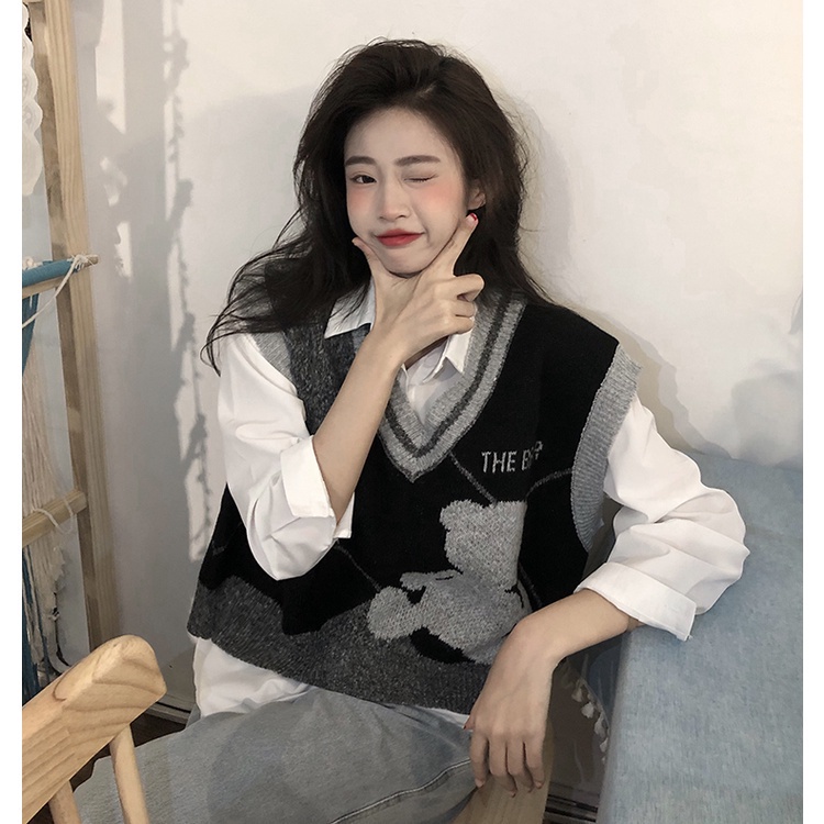 Áo dệt kim không tay họa tiết gấu xinh xắn theo phong cách retro hàn quốc