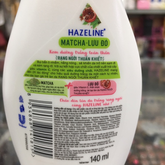 Sữa Dưỡng Thể Hazeline Dưỡng Trắng Da Matcha Lựu Đỏ 140ml