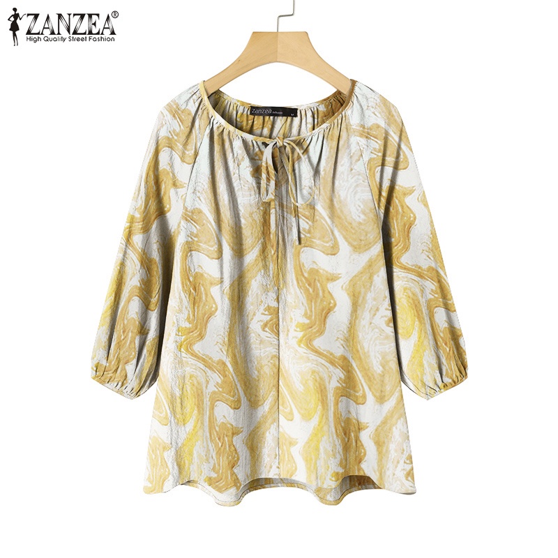 Áo Kiểu ZANZEA Cổ Tròn Tay 3/4 In Họa Tiết Gợn Sóng Cho Nữ