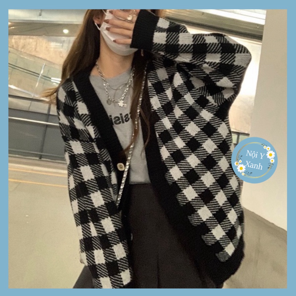áo khoác len cardigan dáng cao hoa lá caro đen và trắng chất len lông thỏ dày đẹp A149 noiyxanh hot trend, phom đẹp, chấ