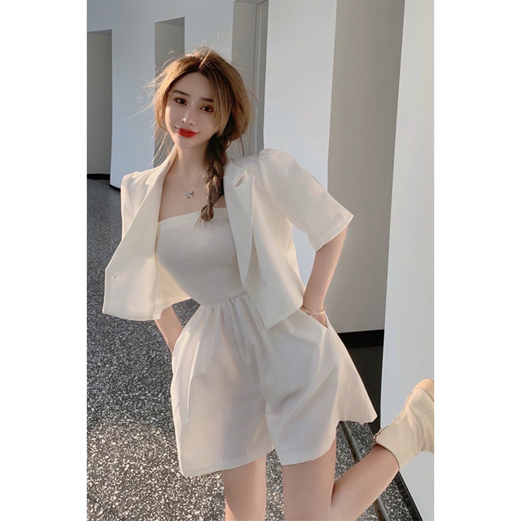 Jiashucheng Áo Khoác Vest Tay Ngắn Màu Trắng Thiết Kế Mỏng Kiểu Dáng Đơn Giản Thời Trang Dành Cho Nữ